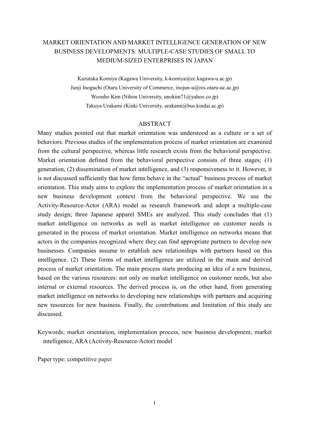 Market Orientation and Market Intelligence Generation of New Business Developments: Multiple-Case Studies of Small to Medium-Sized Enterprises in Japan