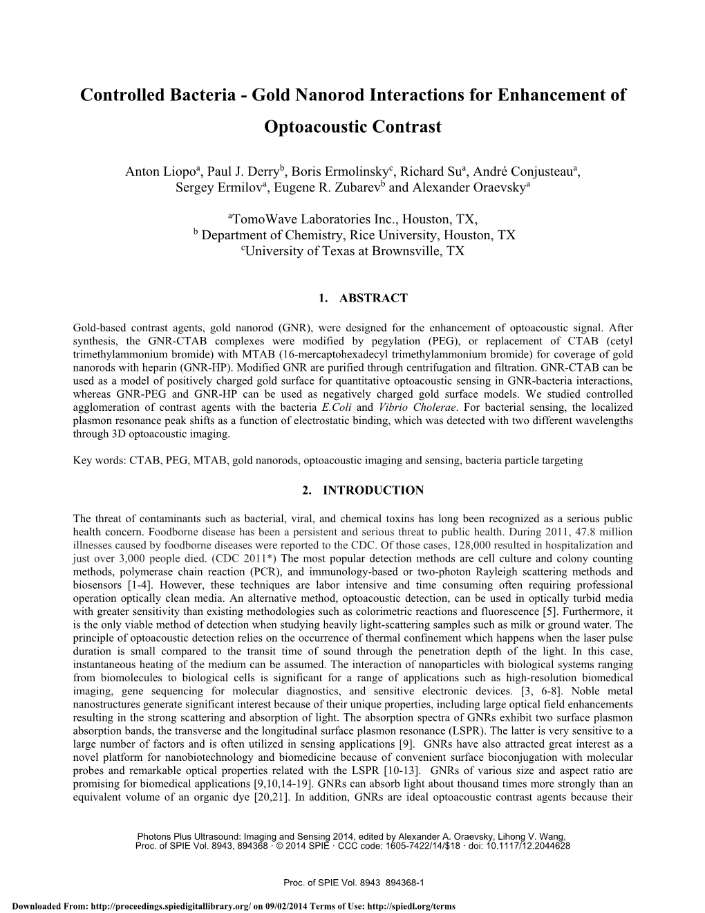 Controlled Bacteria - Gold Nanorod Interactions for Enhancement of Optoacoustic Contrast