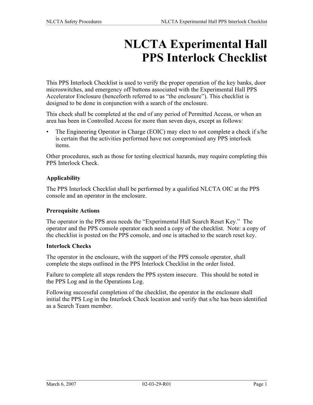 NLCTA Safety Procedures NLCTA Experimental Hall PPS Interlock Checklist