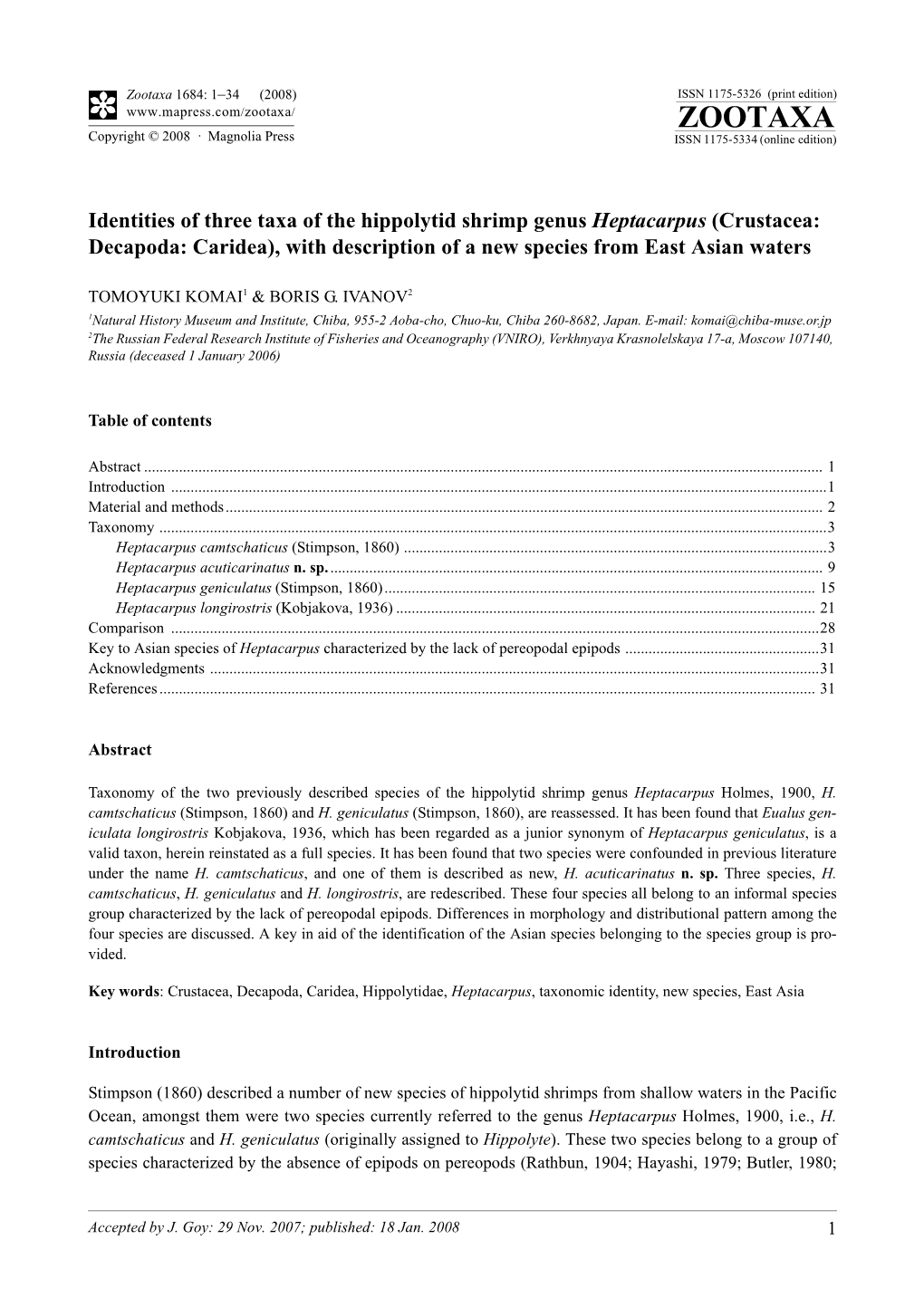 Zootaxa: Identities of Three Taxa of the Hippolytid Shrimp Genus Heptacarpus