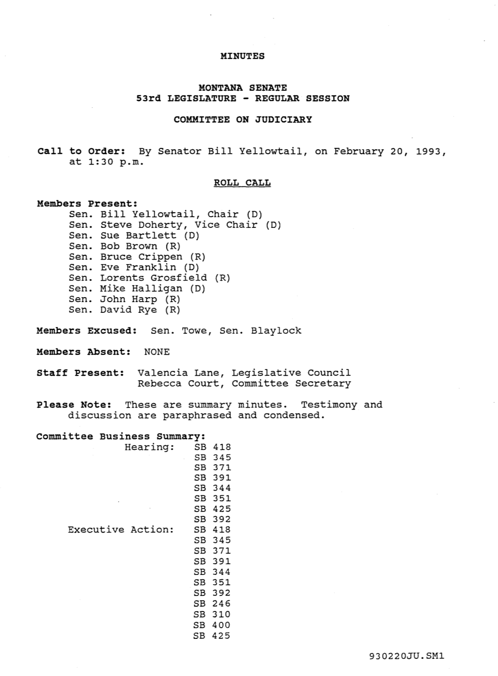 MINUTES MONTANA SENATE 53Rd