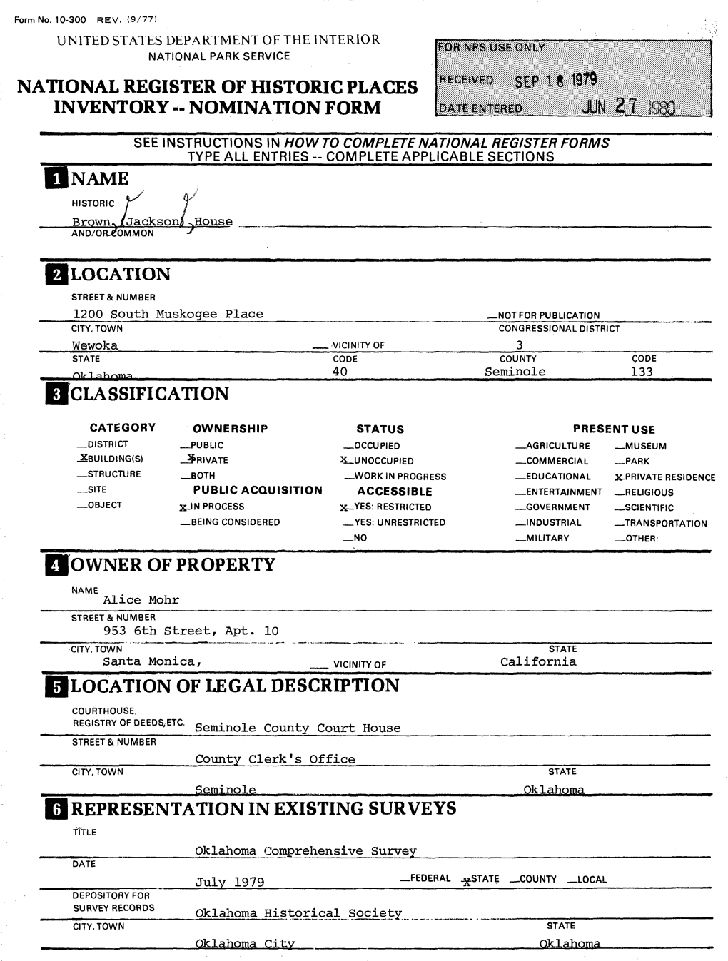 Register of Historic Places Inventory -Nomination Form