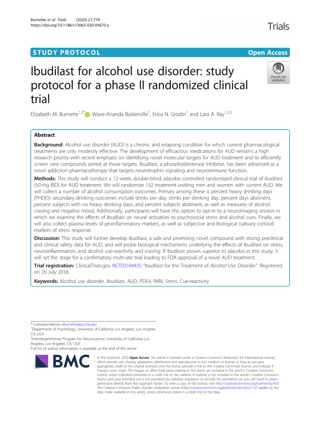 Ibudilast for Alcohol Use Disorder: Study Protocol for a Phase II Randomized Clinical Trial Elizabeth M