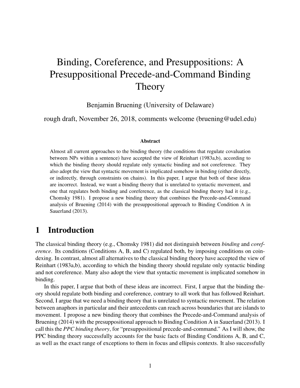 Binding, Coreference, and Presuppositions: a Presuppositional Precede-And-Command Binding Theory