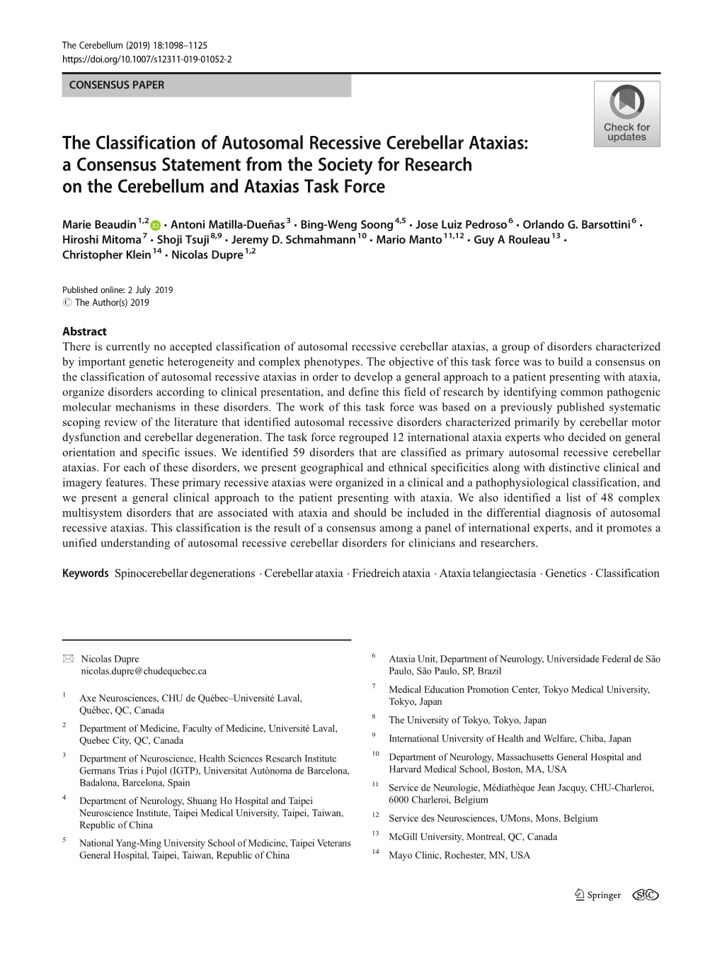 The Classification of Autosomal Recessive Cerebellar Ataxias: a Consensus Statement from the Society for Research on the Cerebellum and Ataxias Task Force