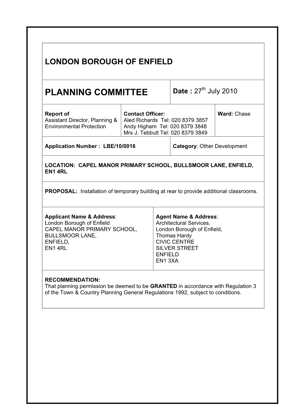 PLANNING COMMITTEE Date : 27Th July 2010