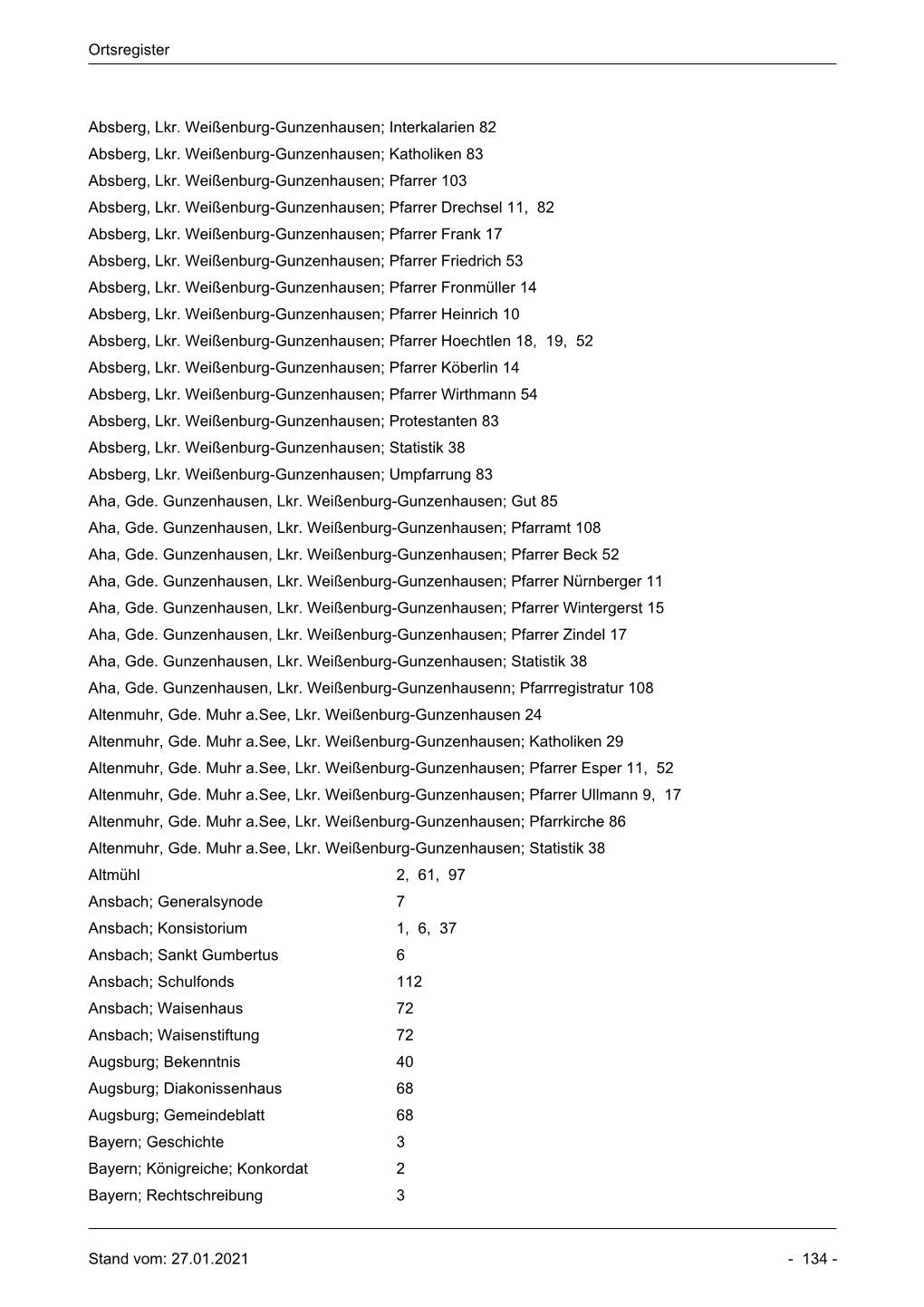 Ortsregister Absberg, Lkr. Weißenburg-Gunzenhausen; Interkalarien 82 Absberg, Lkr. Weißenburg-Gunzenhausen; Katholiken 83 Absb