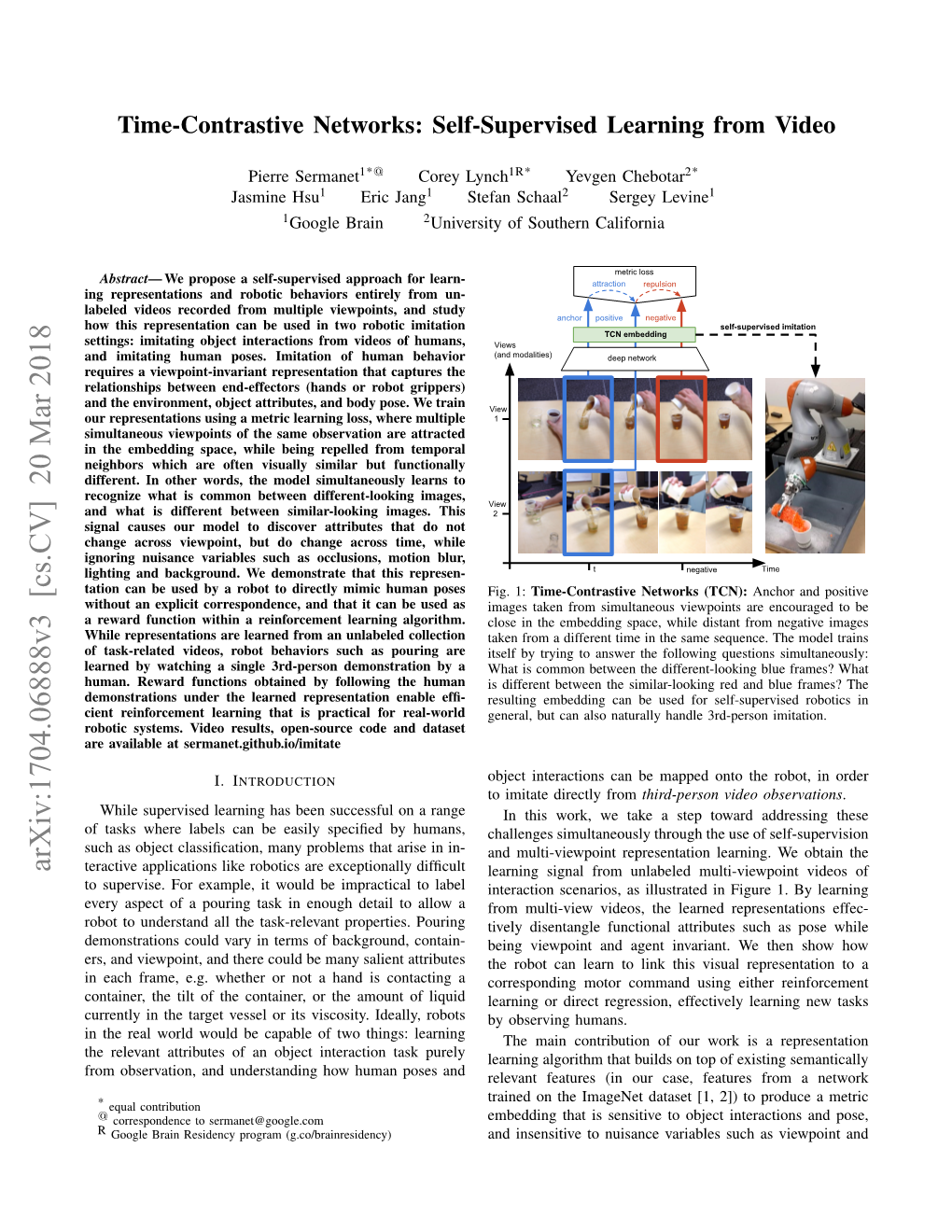 Time-Contrastive Networks: Self-Supervised Learning from Video