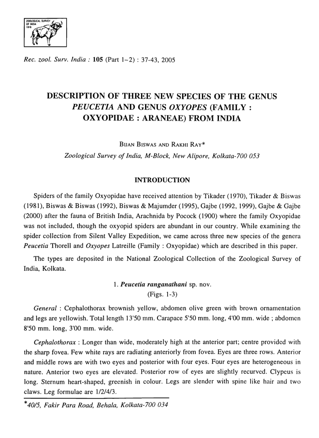 Peucetia and Genus Oxyopes (F Amil Y