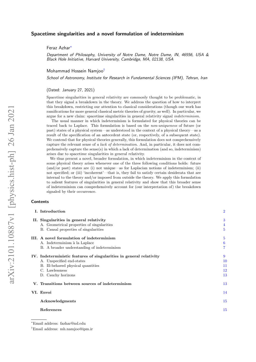 Spacetime Singularities and a Novel Formulation of Indeterminism