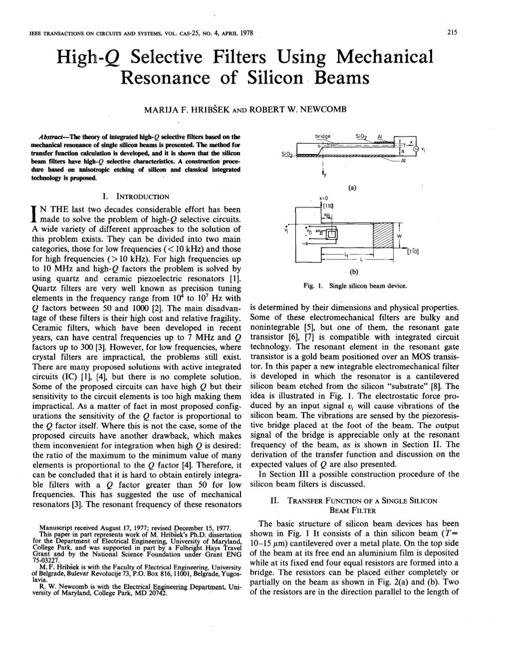 Highs-Q Selective Filters Using Mechanical Resonance of Silicon