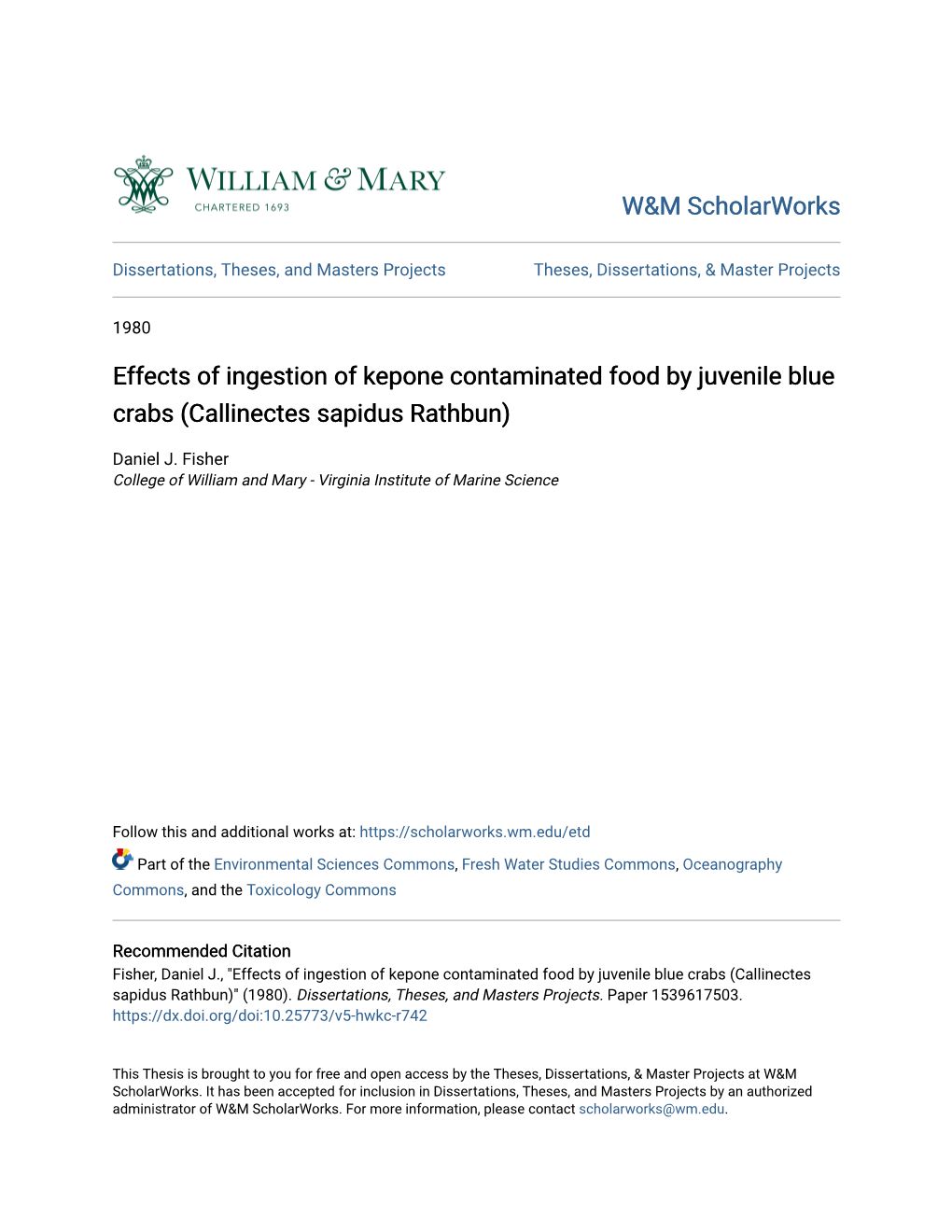 Effects of Ingestion of Kepone Contaminated Food by Juvenile Blue Crabs (Callinectes Sapidus Rathbun)