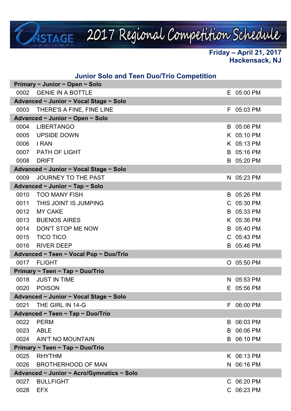 Regional Competition Schedule