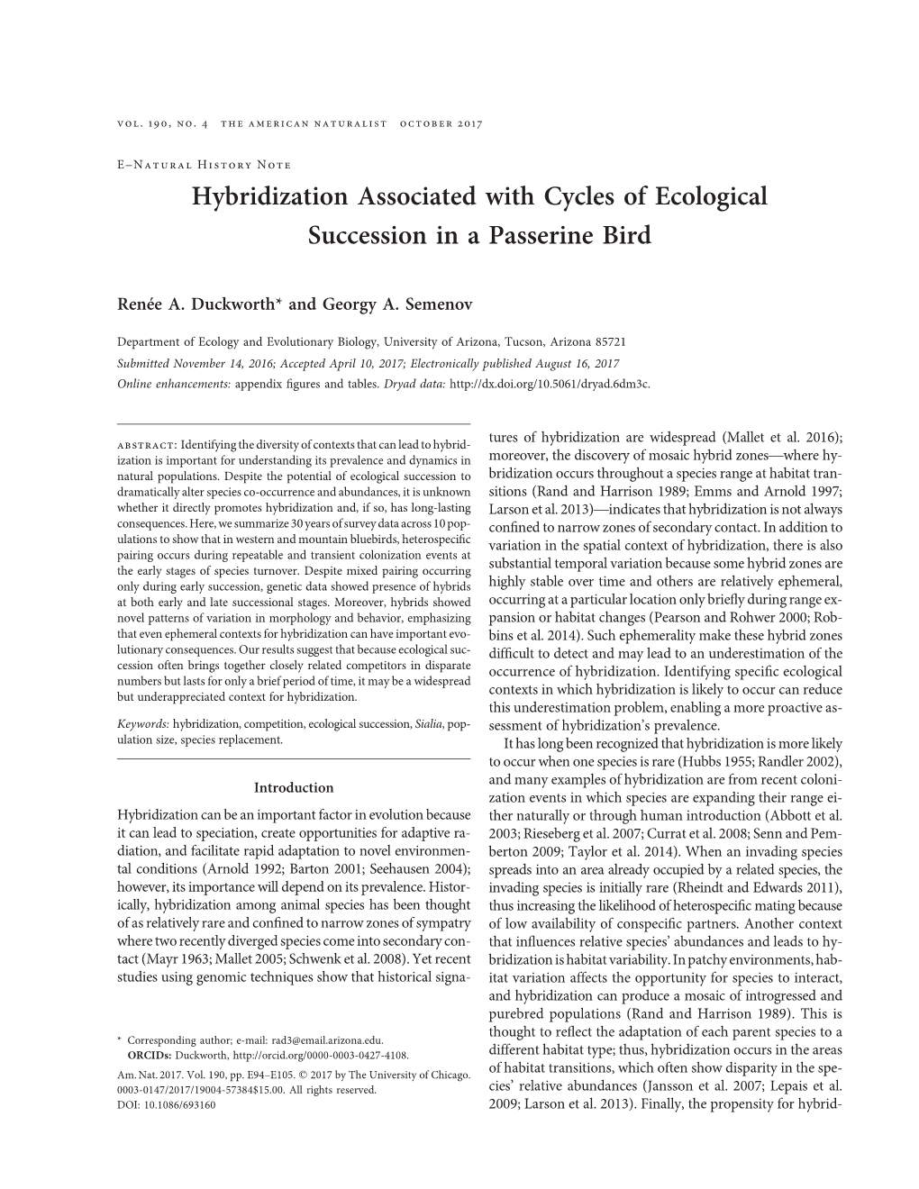 Hybridization Associated with Cycles of Ecological Succession in a Passerine Bird