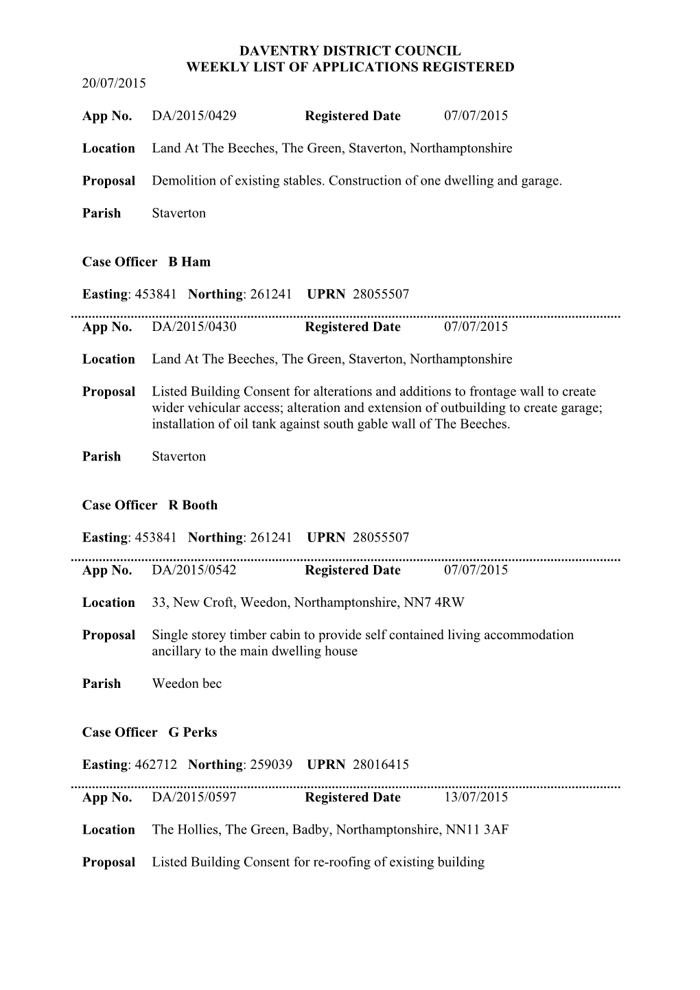 Daventry District Council Weekly List of Applications Registered 20/07/2015