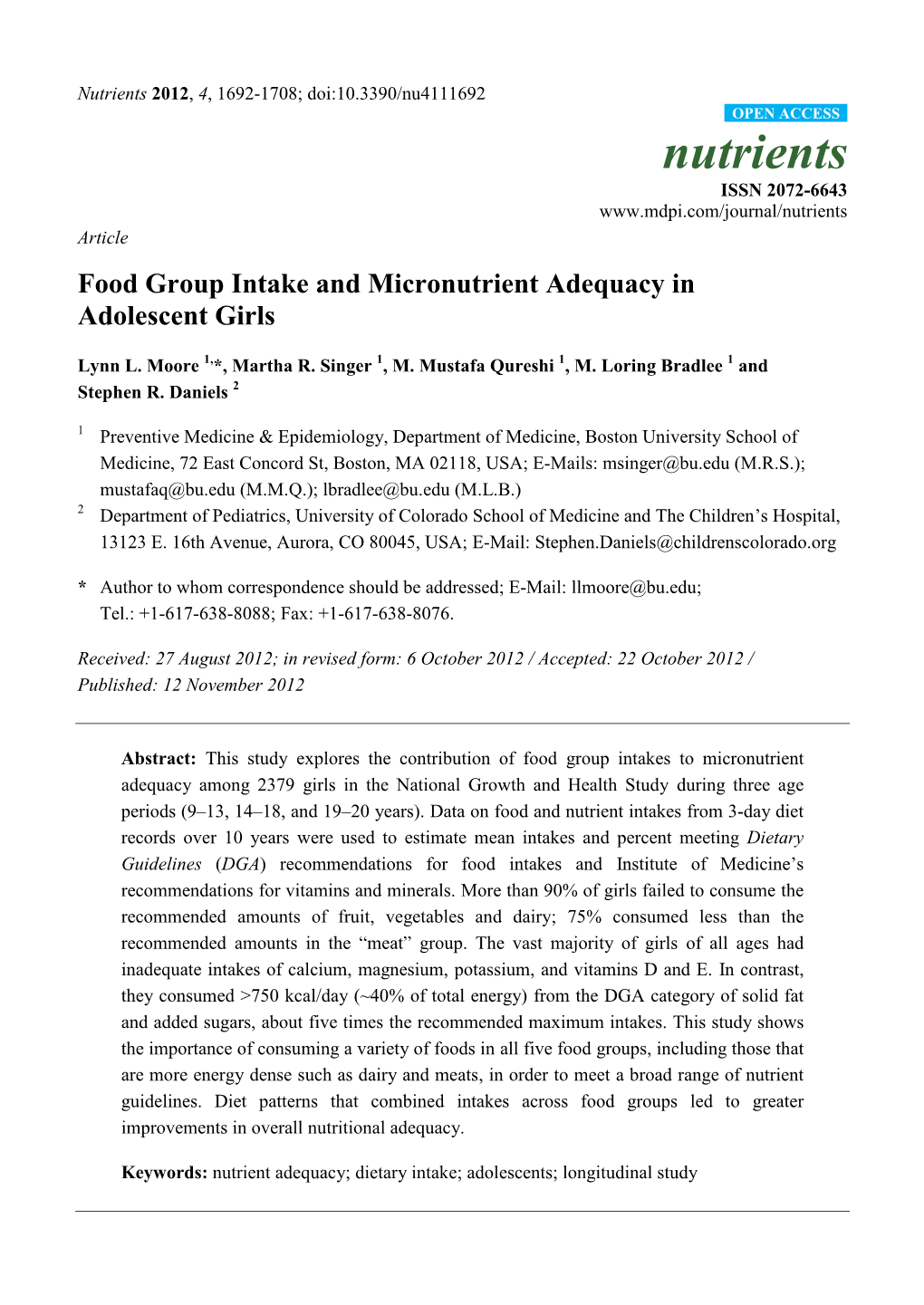 Food Group Intake and Micronutrient Adequacy in Adolescent Girls