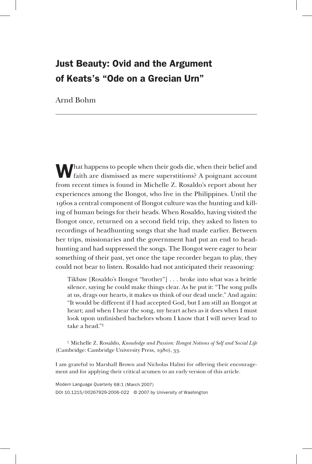 Just Beauty: Ovid and the Argument of Keats's “Ode on a Grecian Urn”