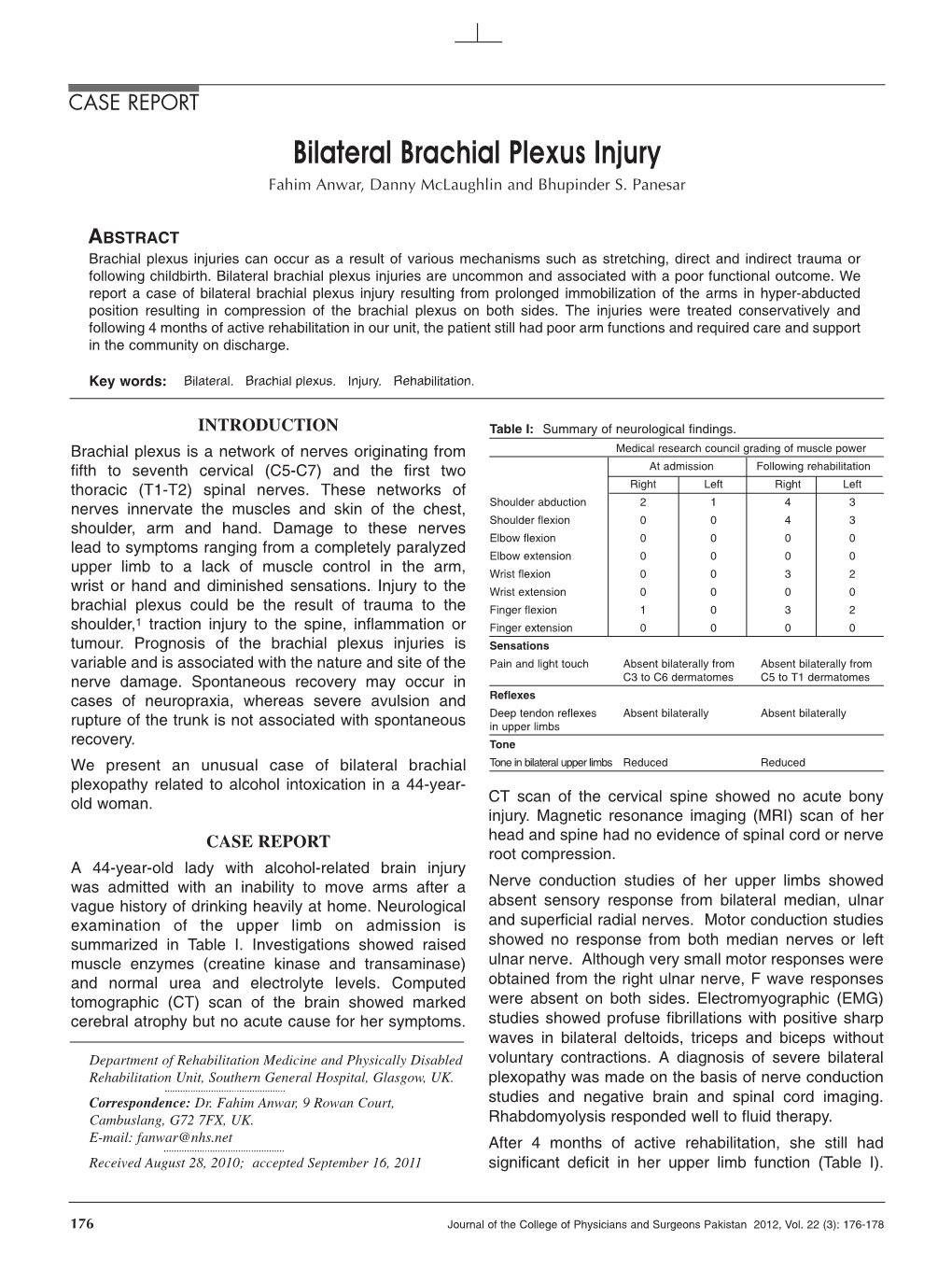 Bilateral Brachial Plexus Injury Fahim Anwar, Danny Mclaughlin and Bhupinder S