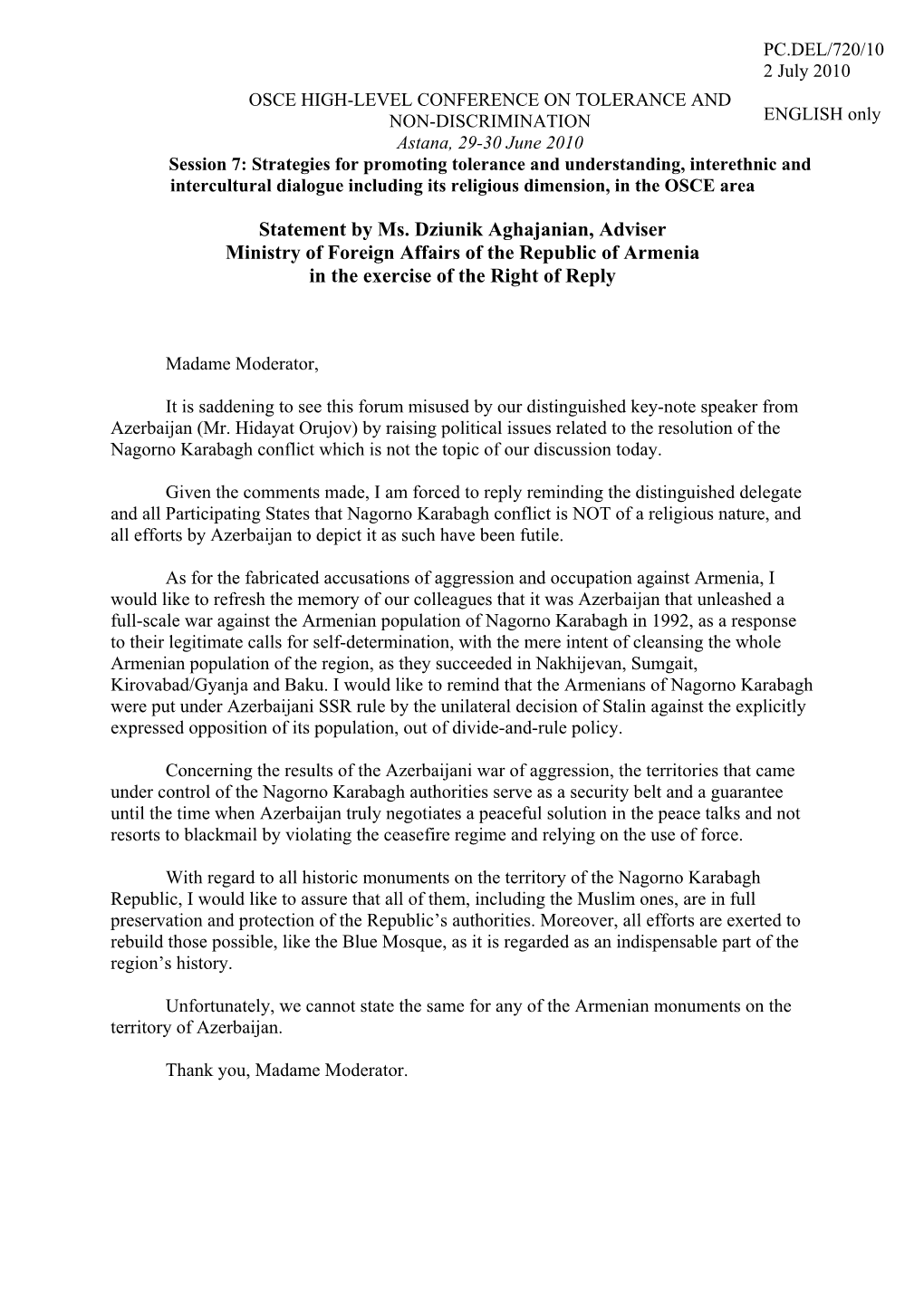 Statement by Ms. Dziunik Aghajanian, Adviser Ministry of Foreign Affairs of the Republic of Armenia in the Exercise of the Right of Reply