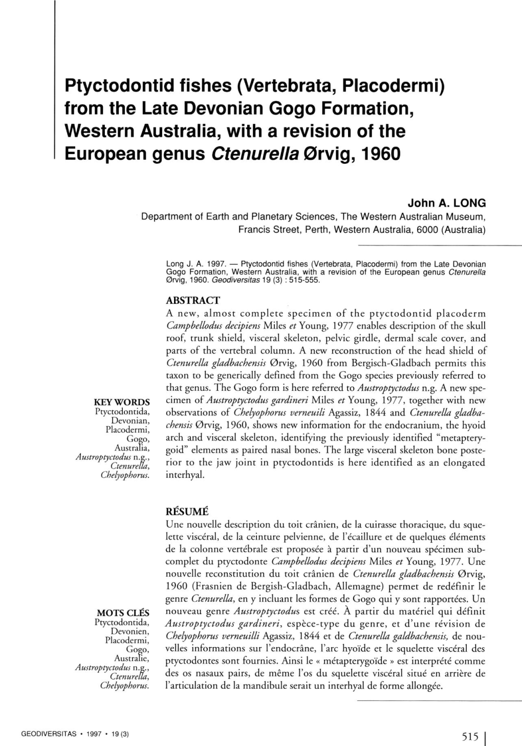 Ptyctodontid Fishes (Vertebrata, Placodermi) from the Late Devonian Gogo Formation, Western Australia, with a Revision of the European Genus Ctenurella 0Rvig, 1960