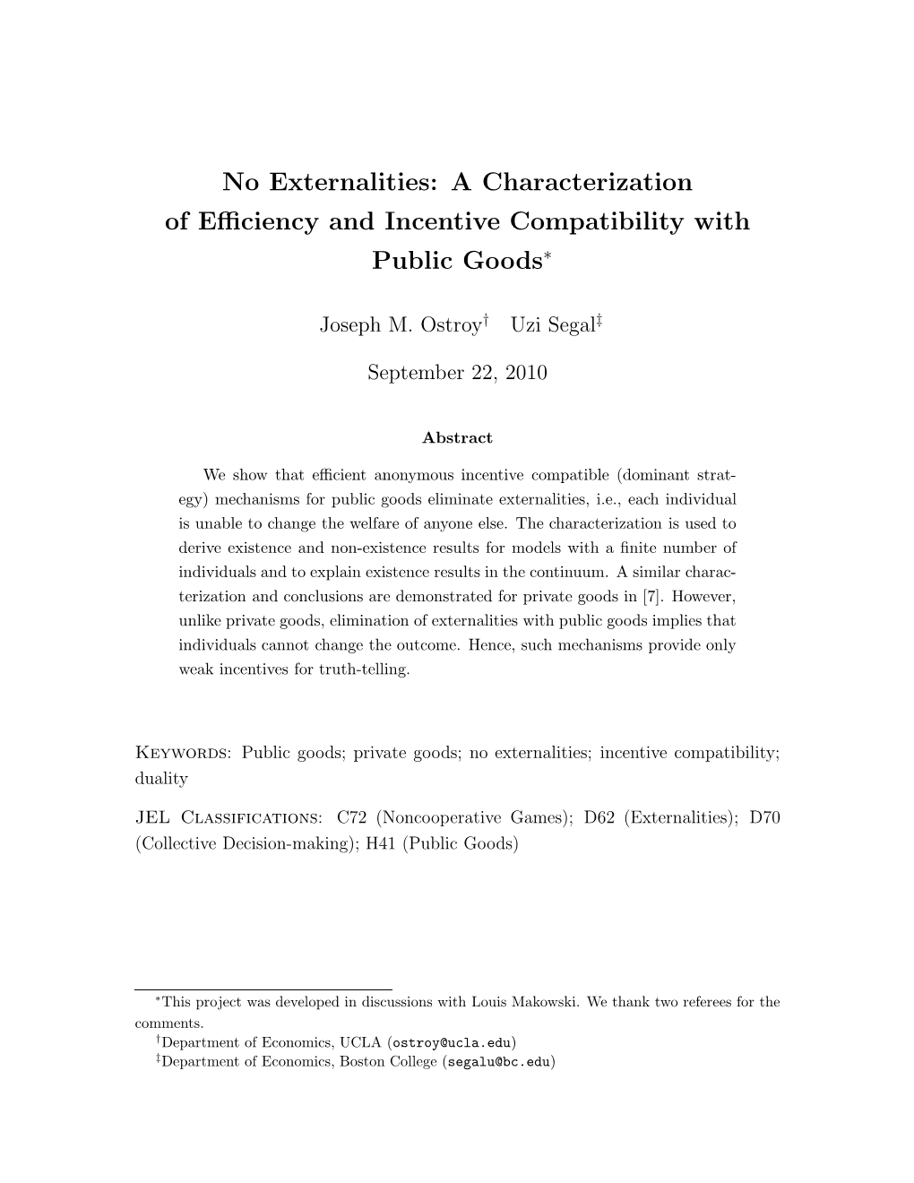 No Externalities: a Characterization of Efficiency And