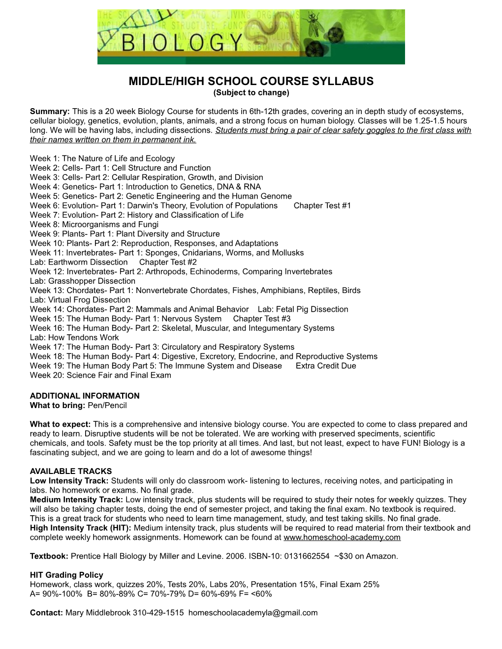 Middle/High School Course Syllabus