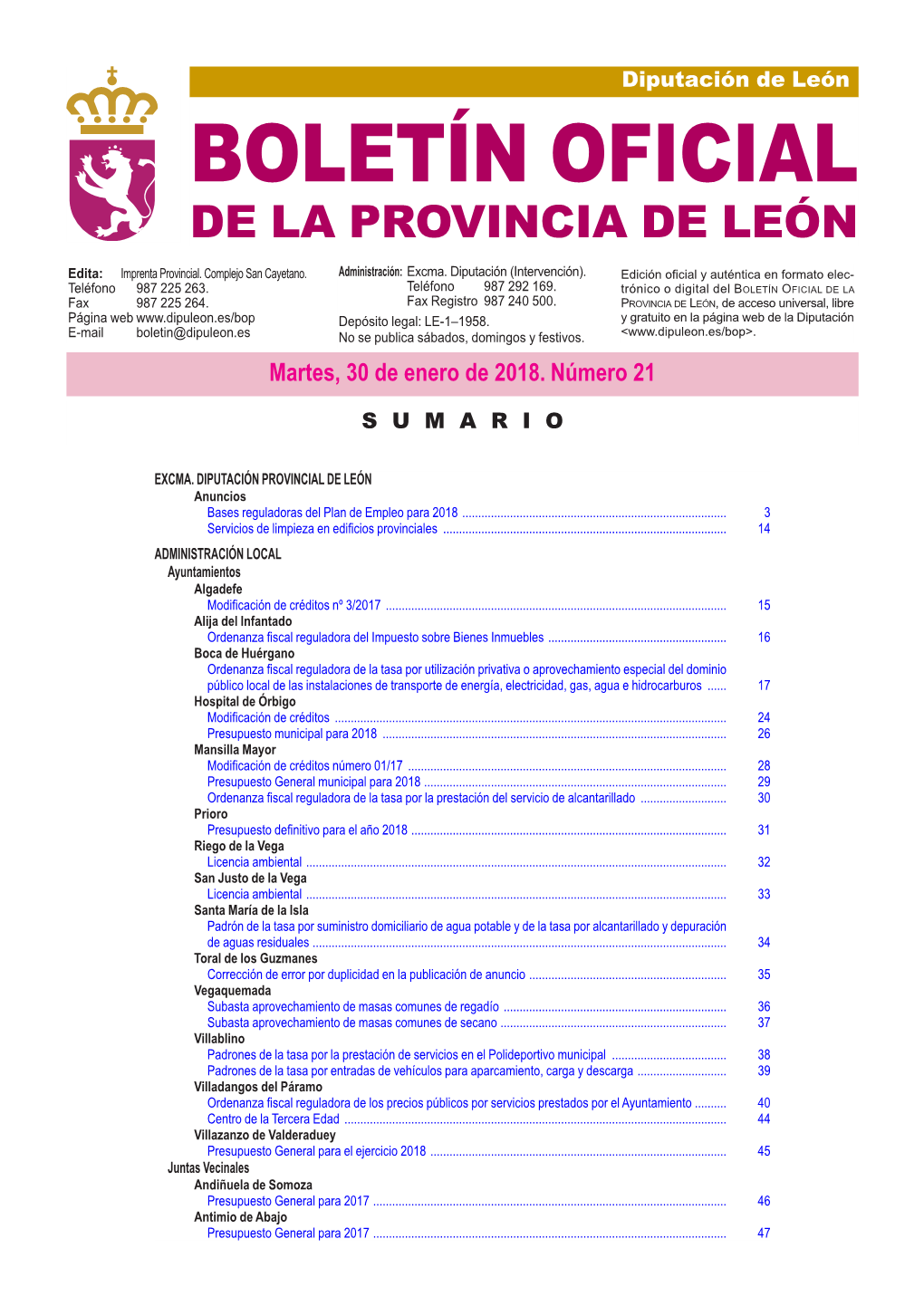 BOLETÍN OFICIAL DE LA PROVINCIA DE LEÓN Edita: Imprenta Provincial