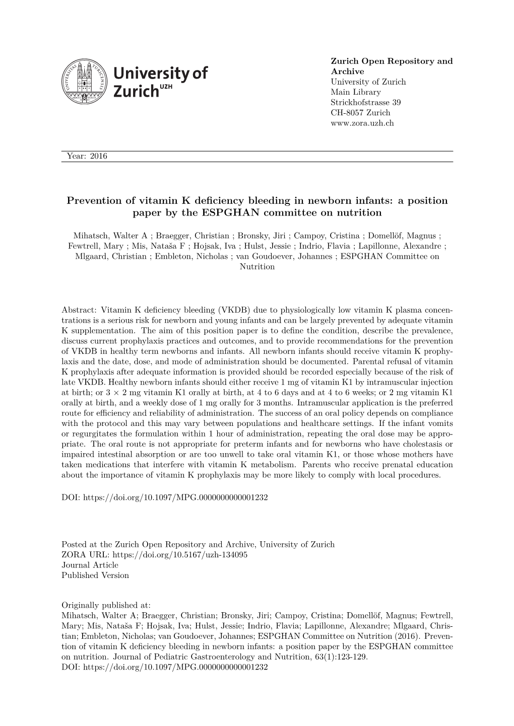 Prevention of Vitamin K Deficiency Bleeding in Newborn Infants: a Position Paper by the ESPGHAN Committee on Nutrition