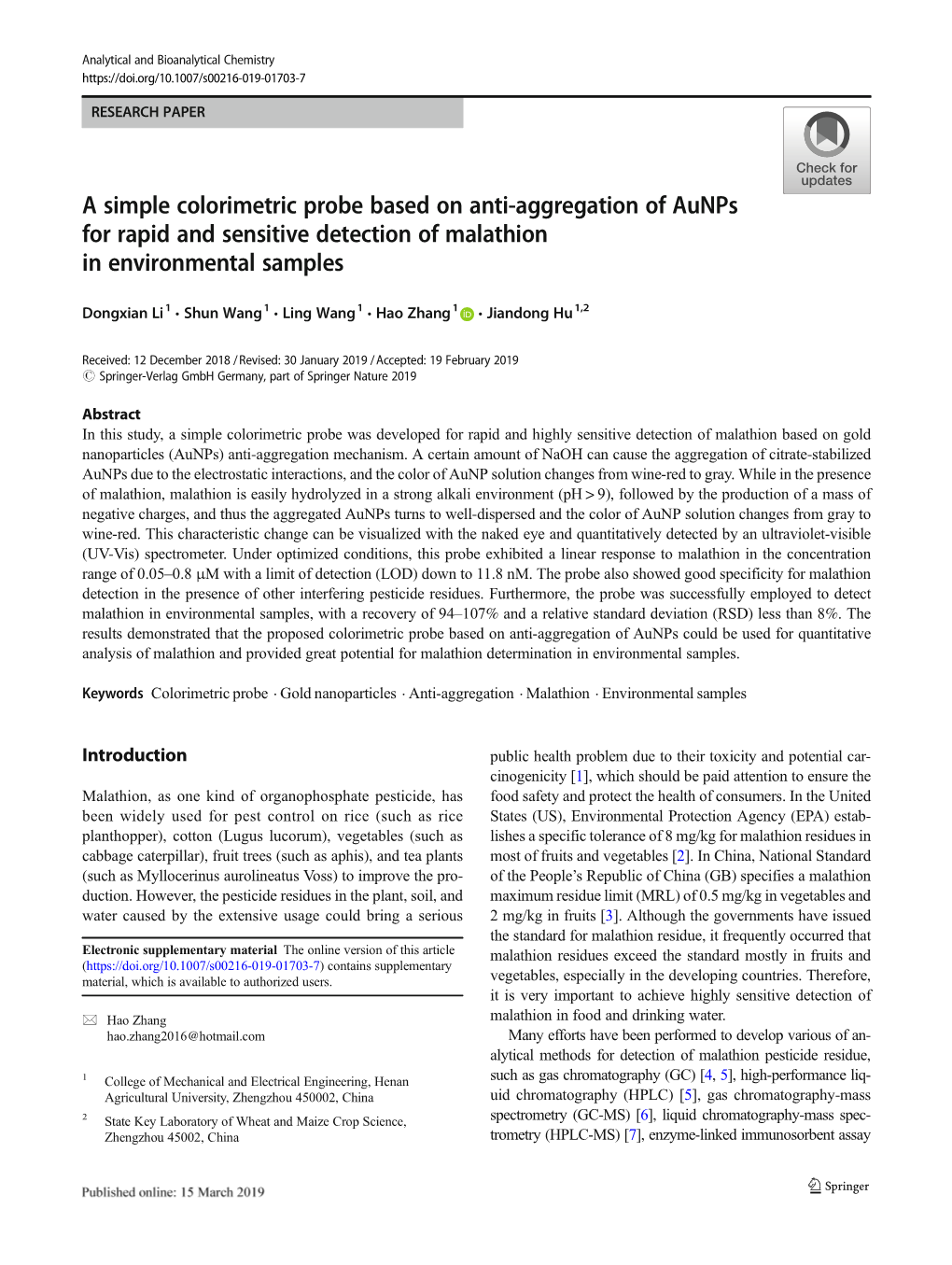 A Simple Colorimetric Probe Based on Anti-Aggregation of Aunps for Rapid and Sensitive Detection of Malathion in Environmental Samples