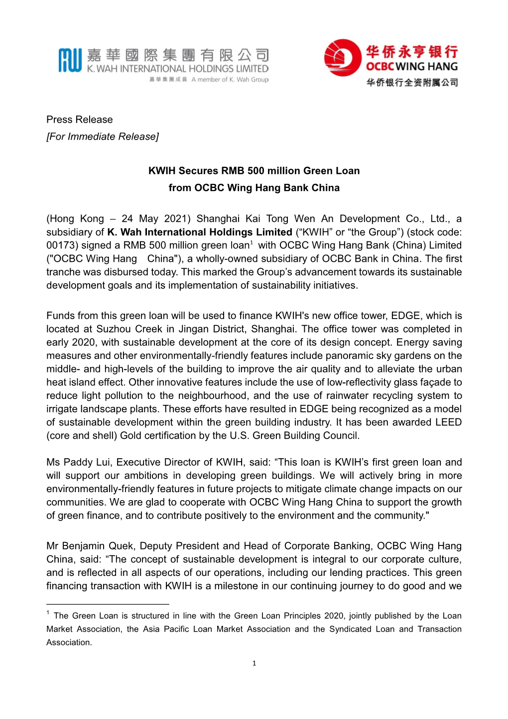 KWIH Secures RMB 500 Million Green Loan from OCBC Wing Hang Bank China