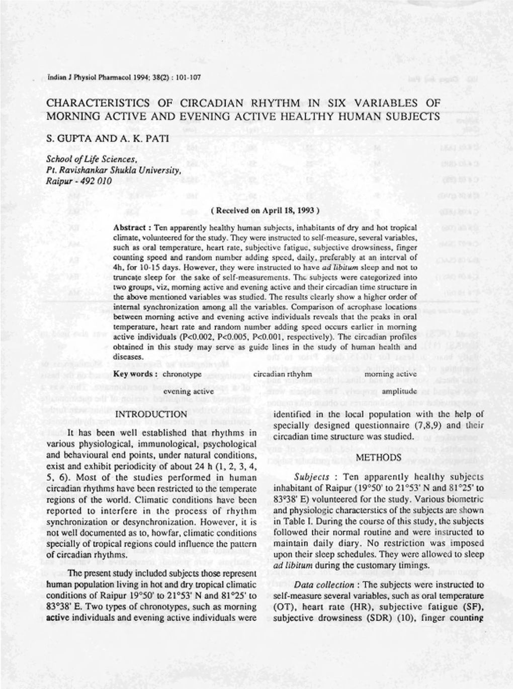 Characteristics of Circadian Rhythm in Six Variables of Morning Active and Evening Active Healthy Human Subjects