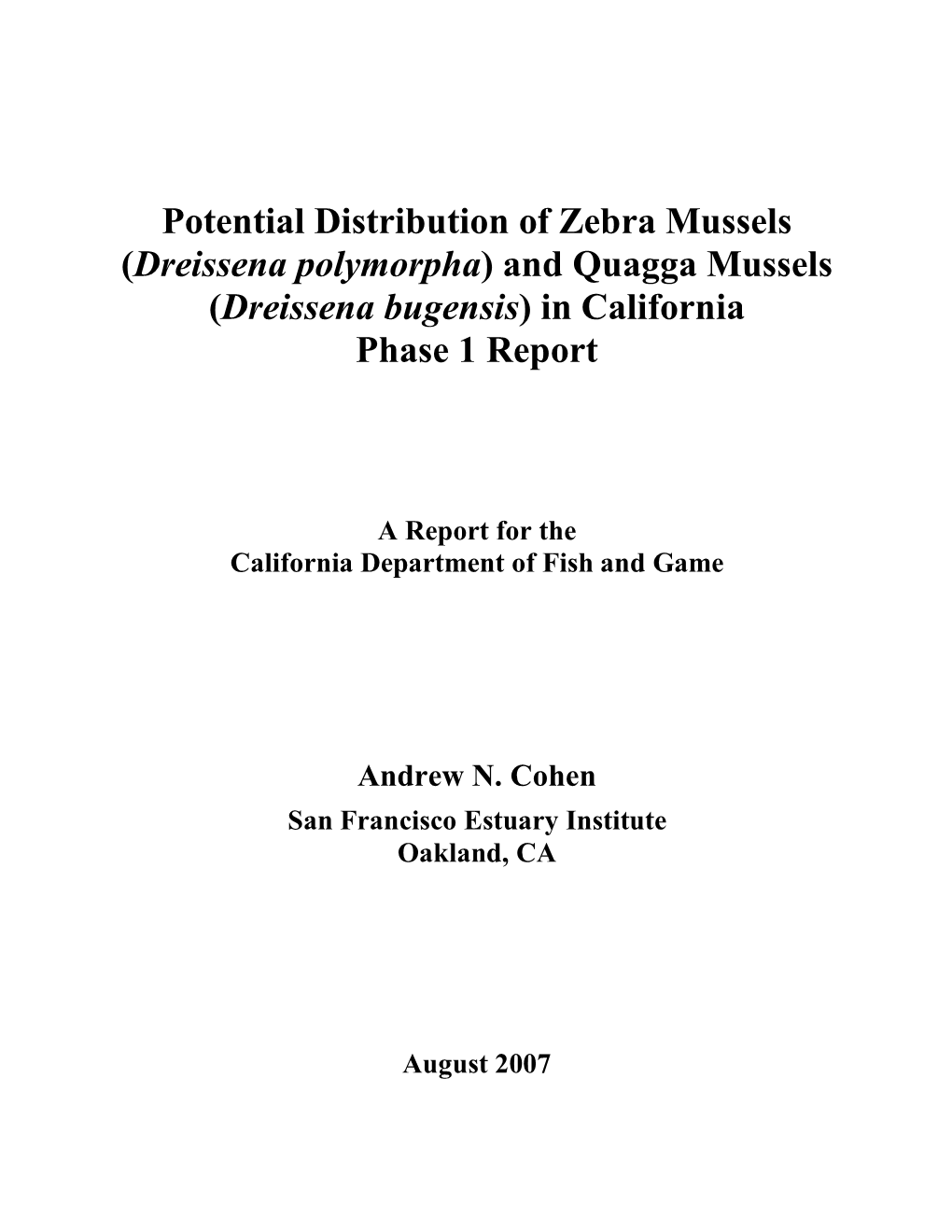Potential Distribution of Zebra Mussels and Quagga Mussels in California