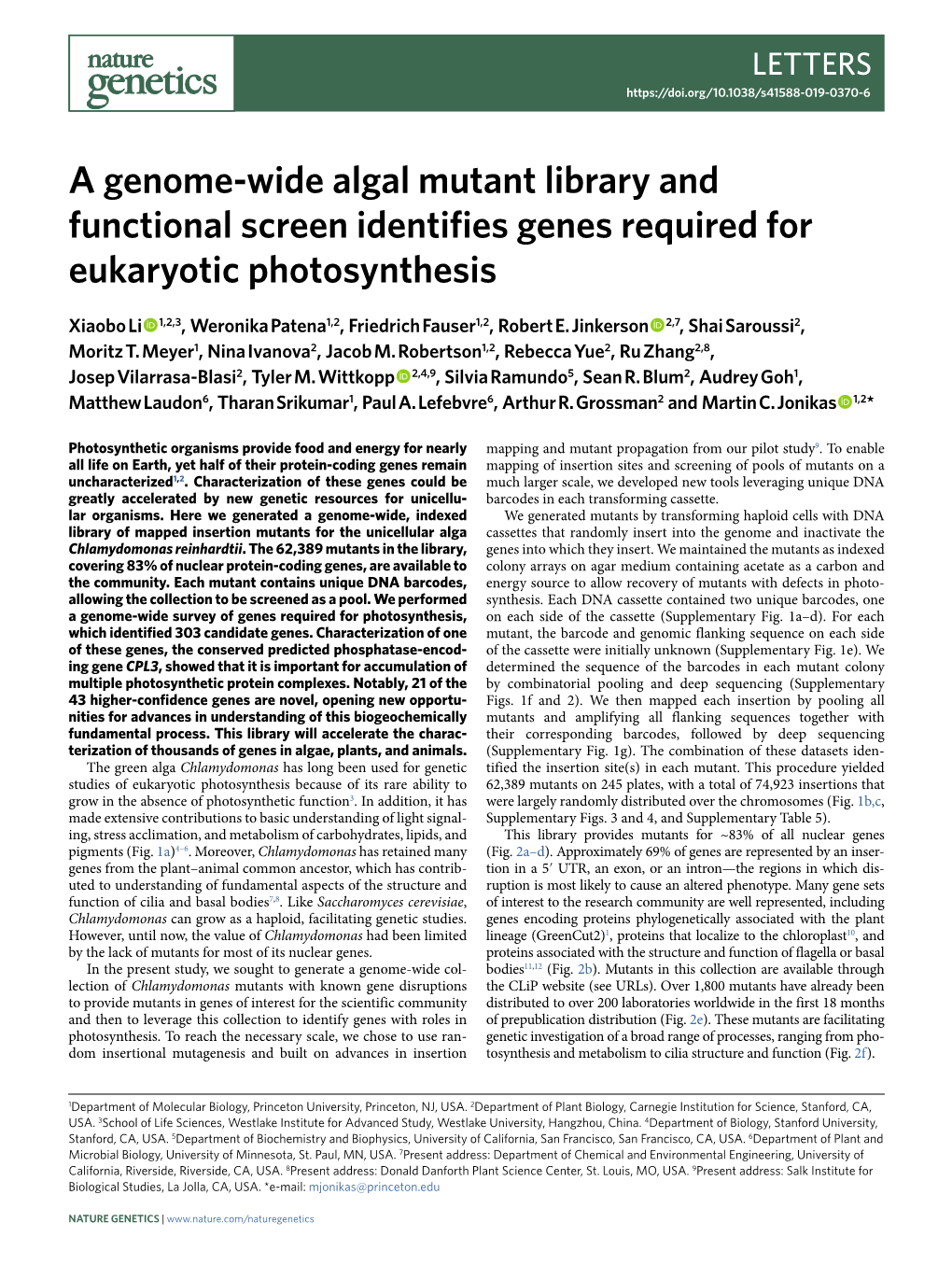 A Genome-Wide Algal Mutant Library and Functional Screen Identifies Genes Required for Eukaryotic Photosynthesis