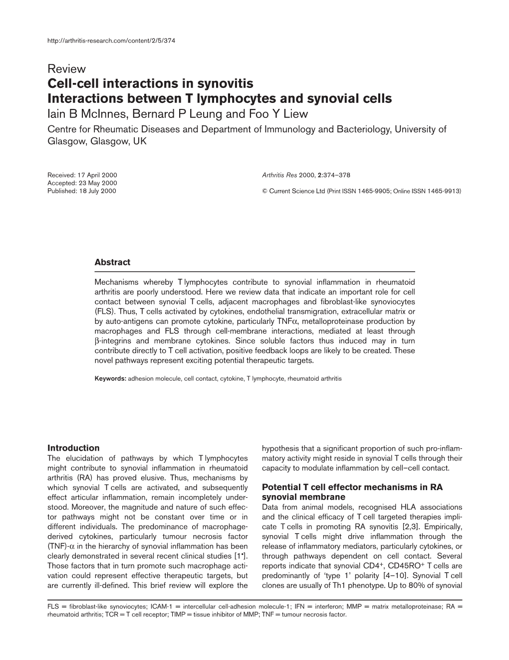 Cell-Cell Interactions in Synovitis Interactions Between T Lymphocytes