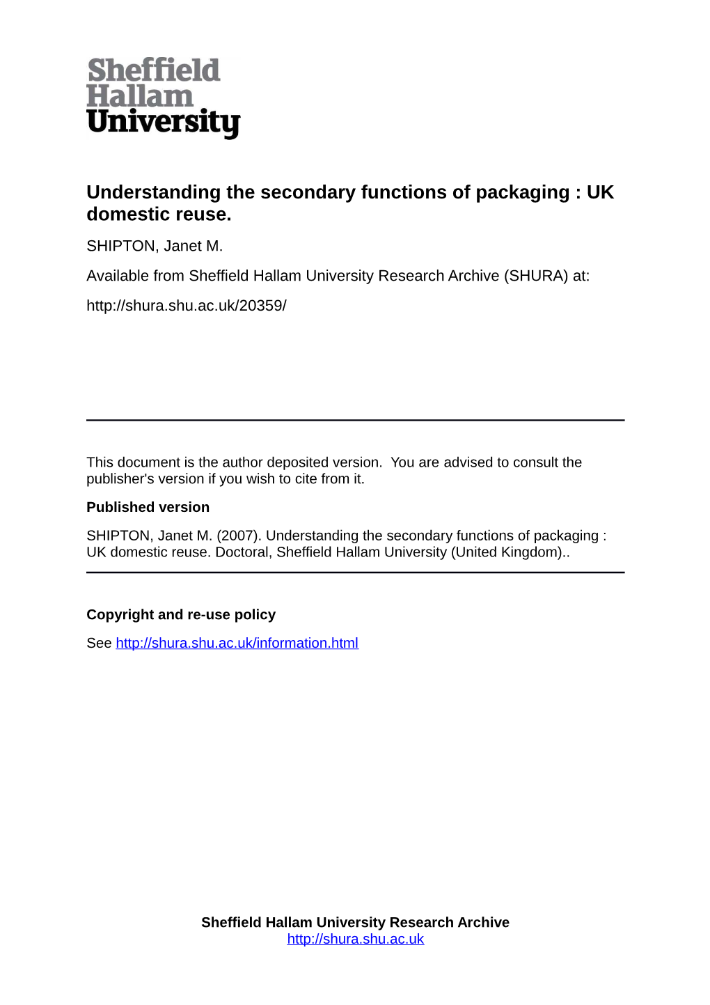 Understanding the Secondary Functions of Packaging : UK Domestic Reuse