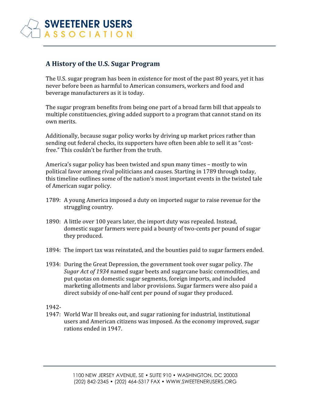 A History of the U.S. Sugar Program