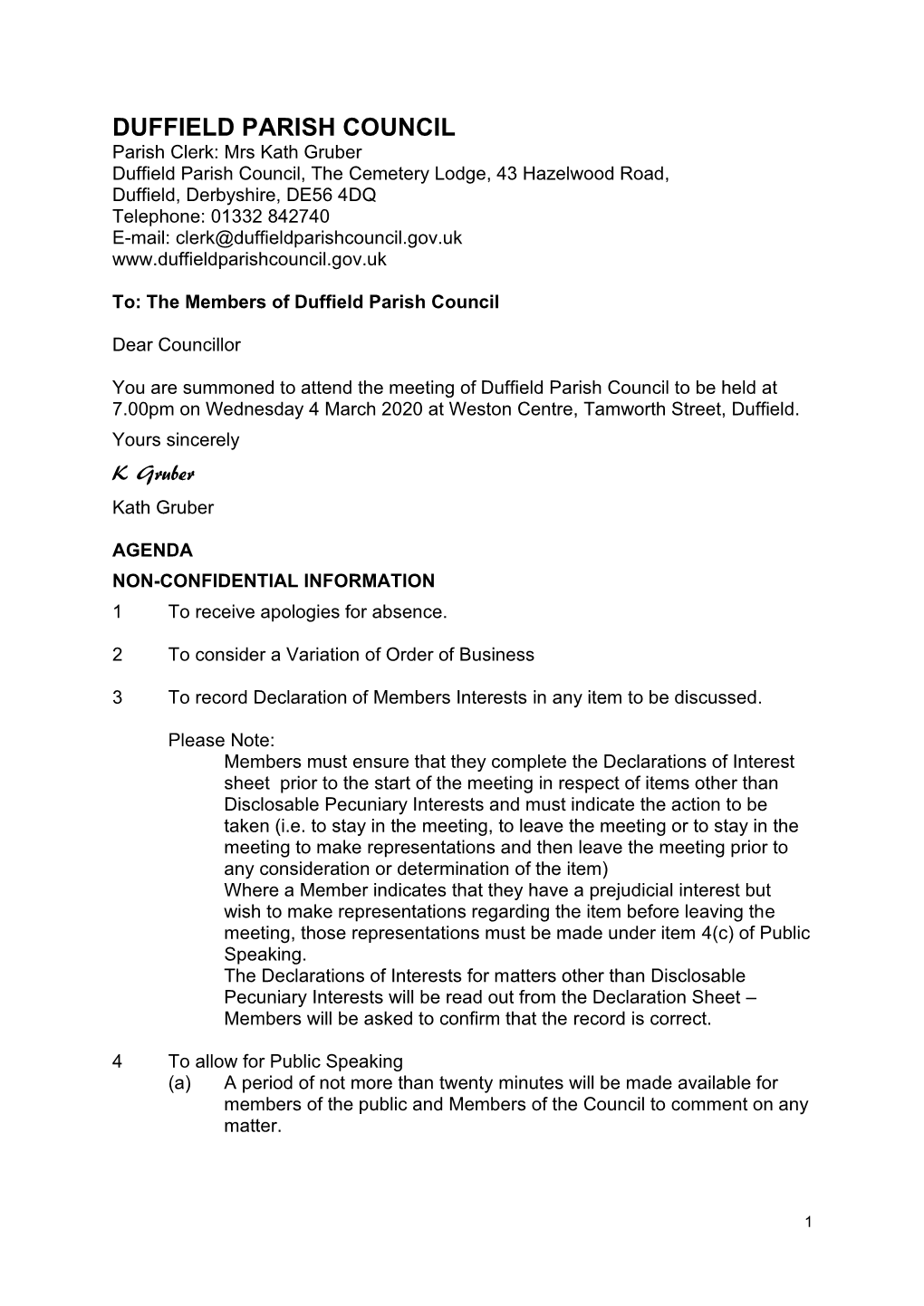 Full Council Agenda 4Th March 2020