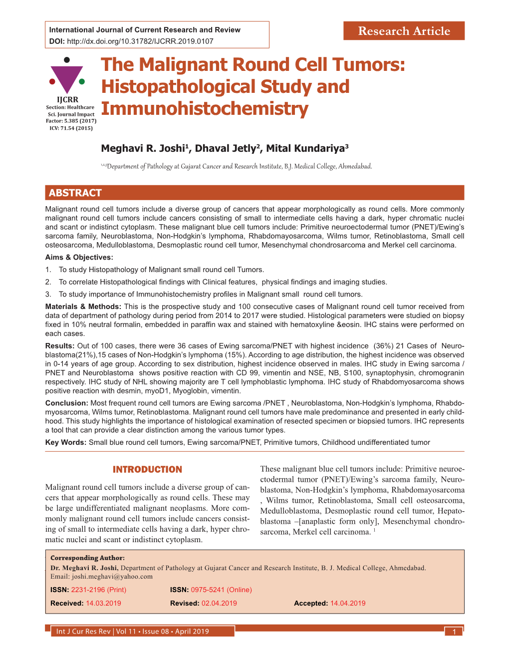 The Malignant Round Cell Tumors: Histopathological Study and IJCRR Section: Healthcare Sci