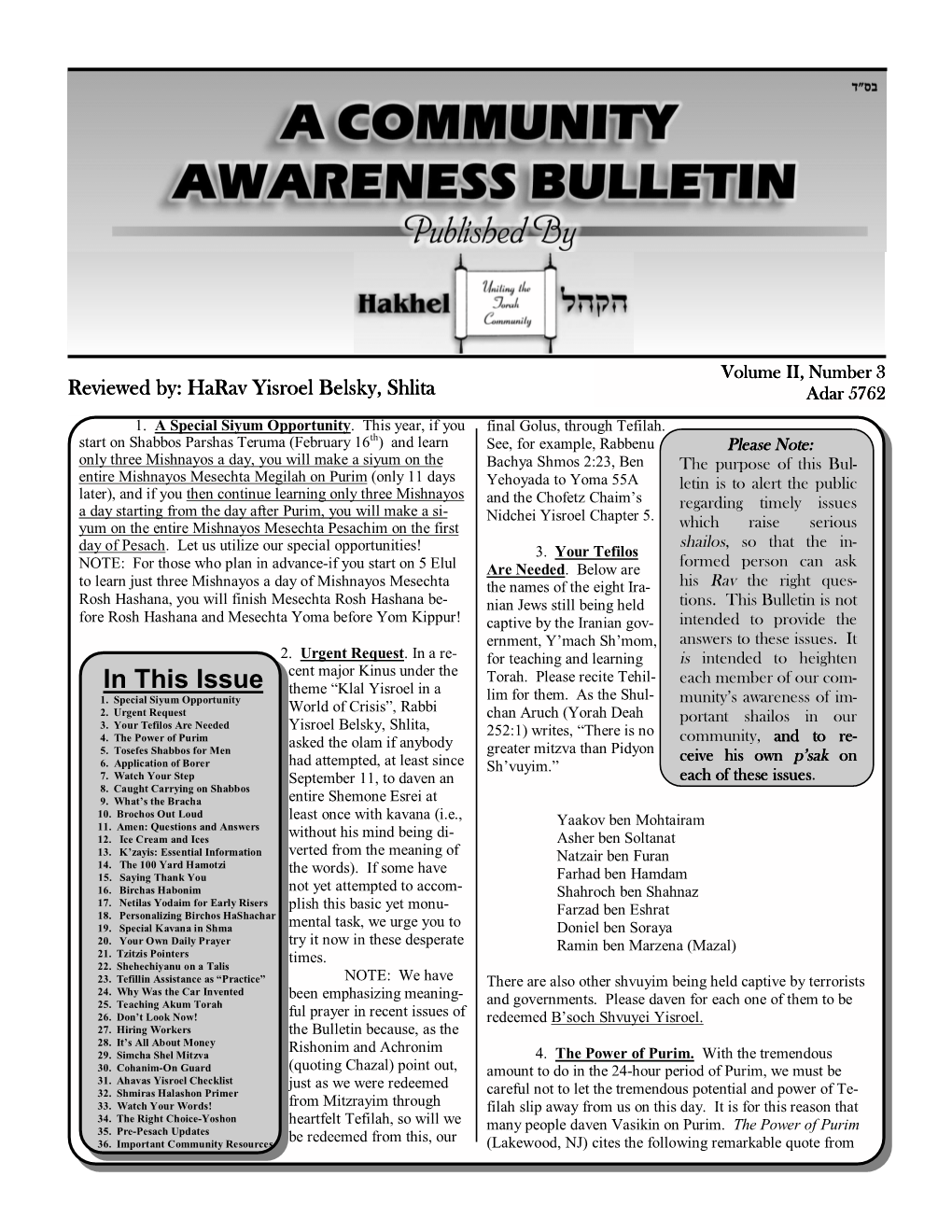 Hakhel Community Awareness Bulletin6.Pub