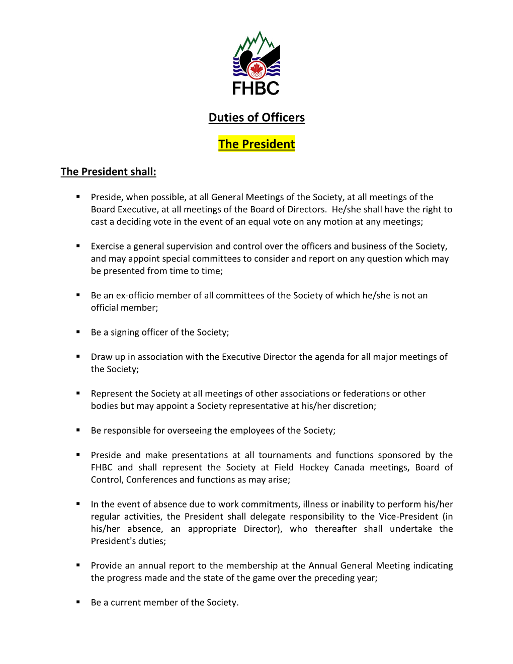 FHBC Board of Director Elections – Duties of Officers