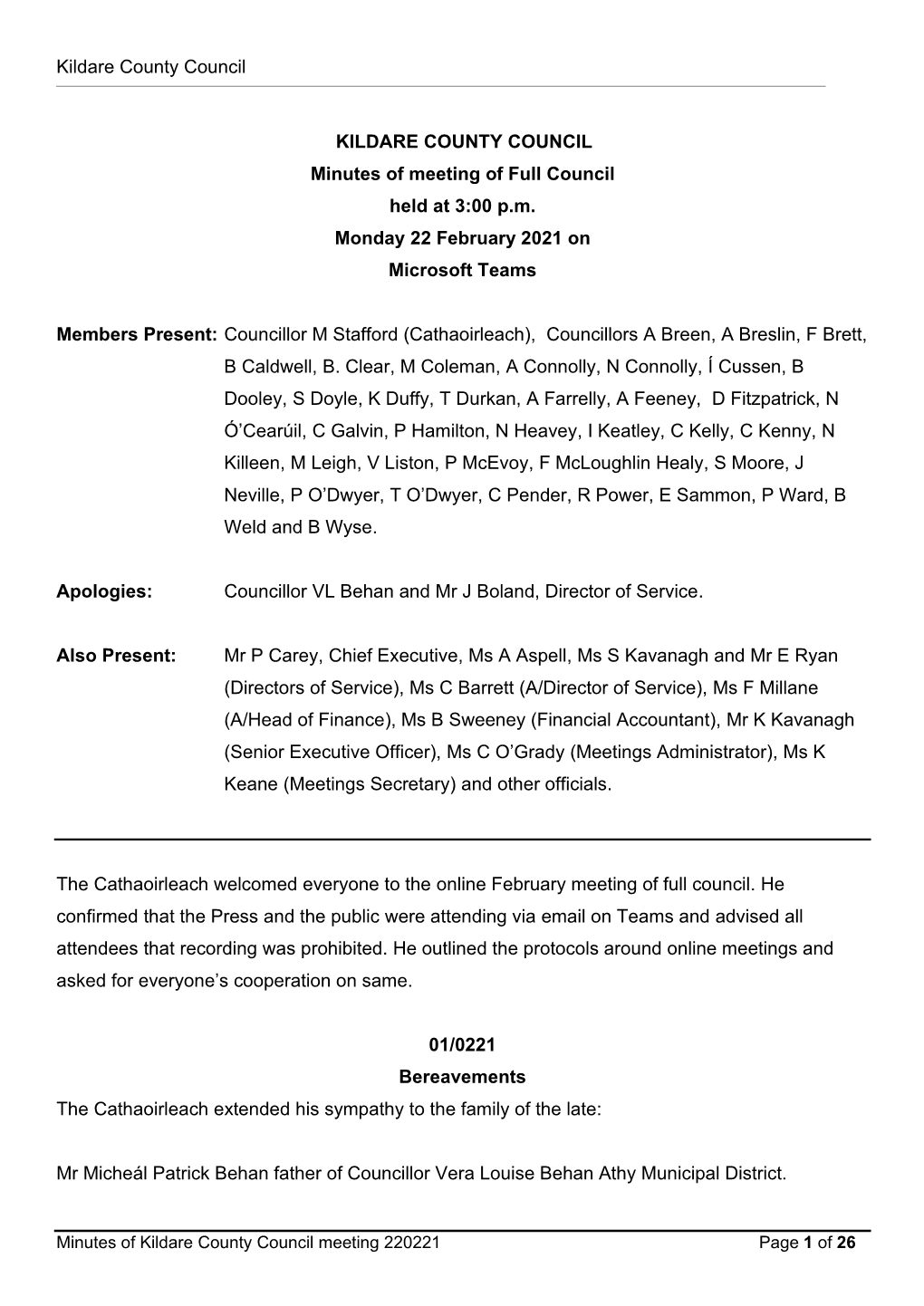 Minutes for Kildare County Council Meeting 22 February 2021