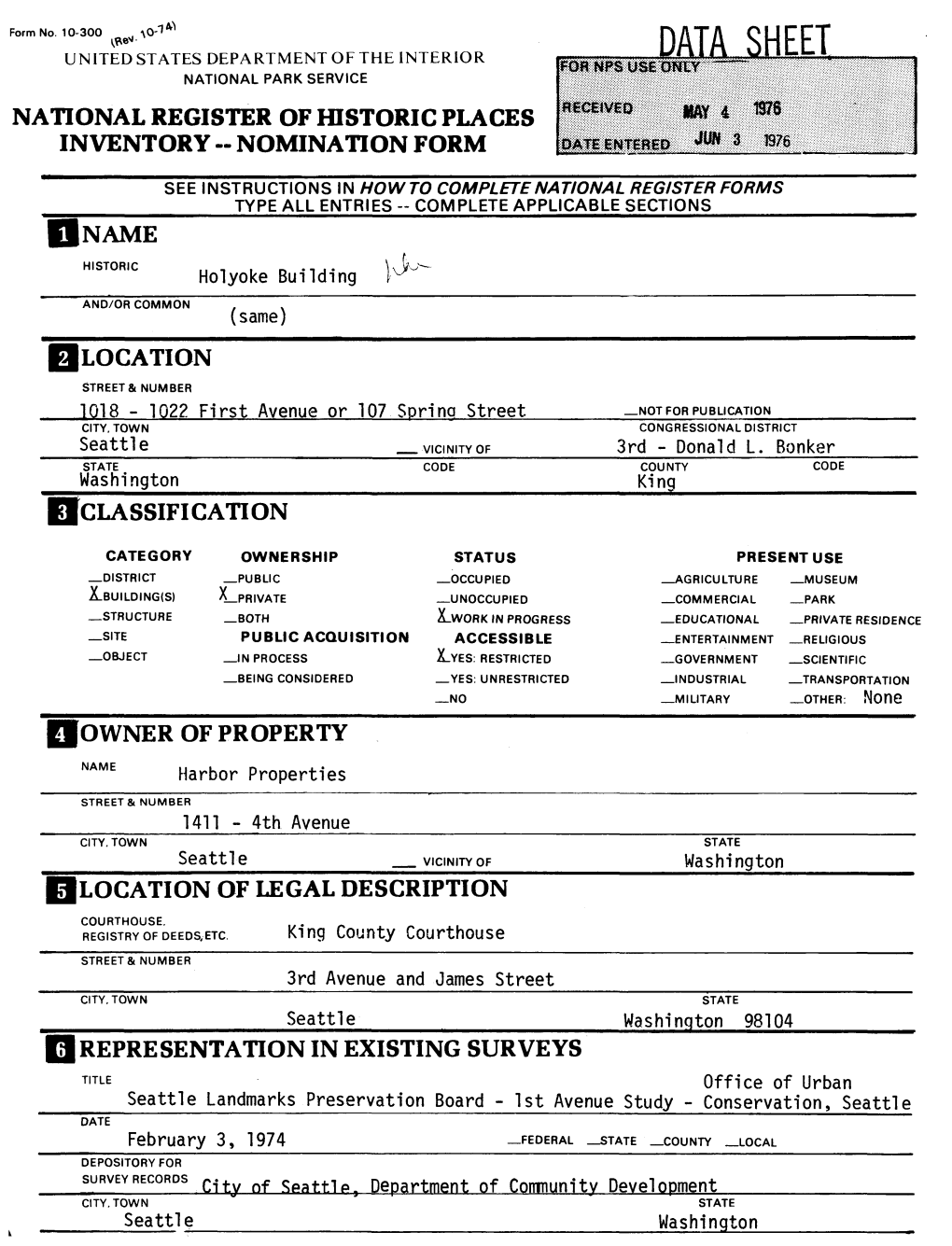 Data Sheet National Park Service National Register of Historic Places Inventory -- Nomination Form