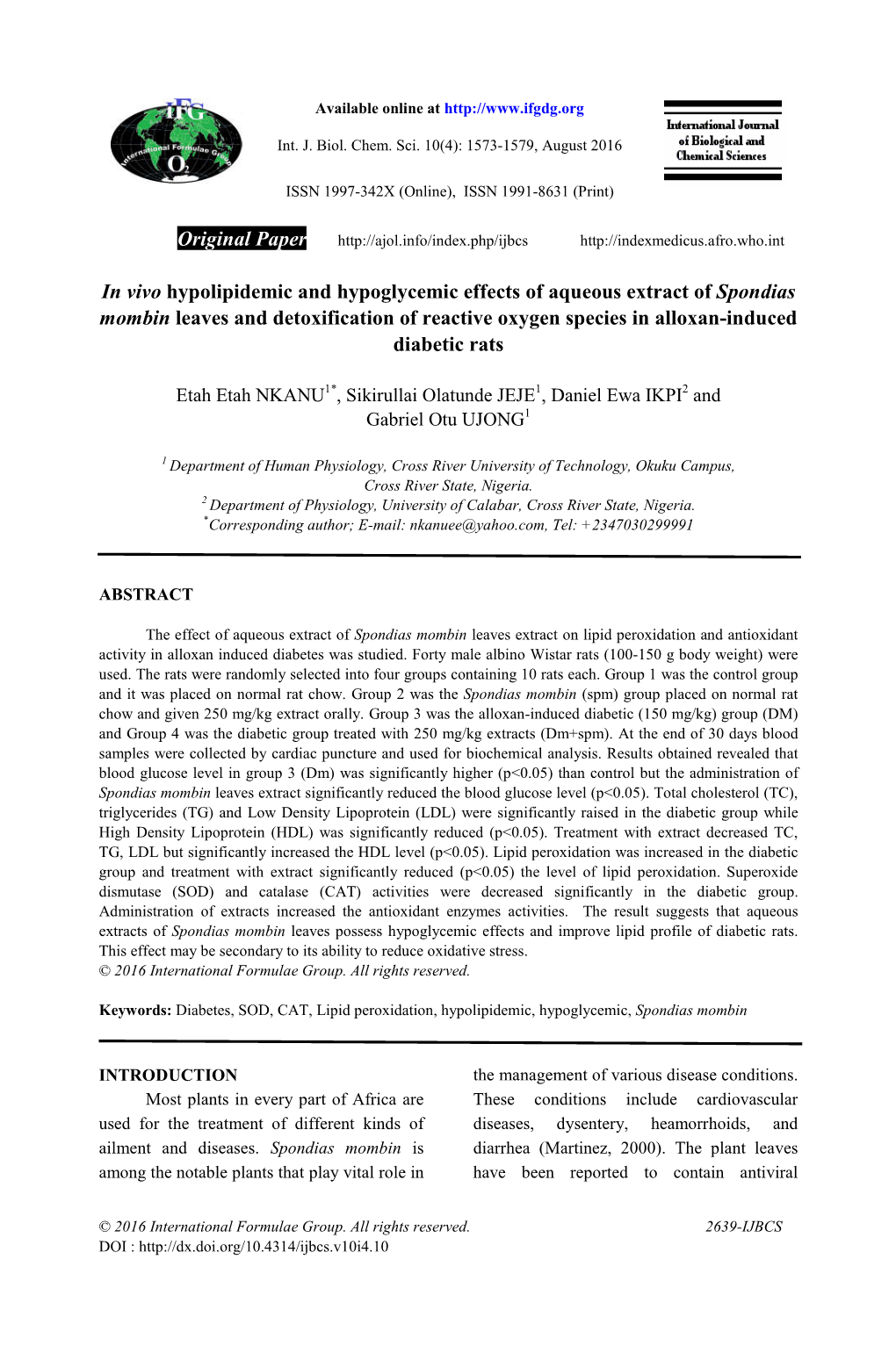 Original Paper in Vivo Hypolipidemic and Hypoglycemic Effects of Aqueous Extract of Spondias Mombin Leaves and Detoxification Of