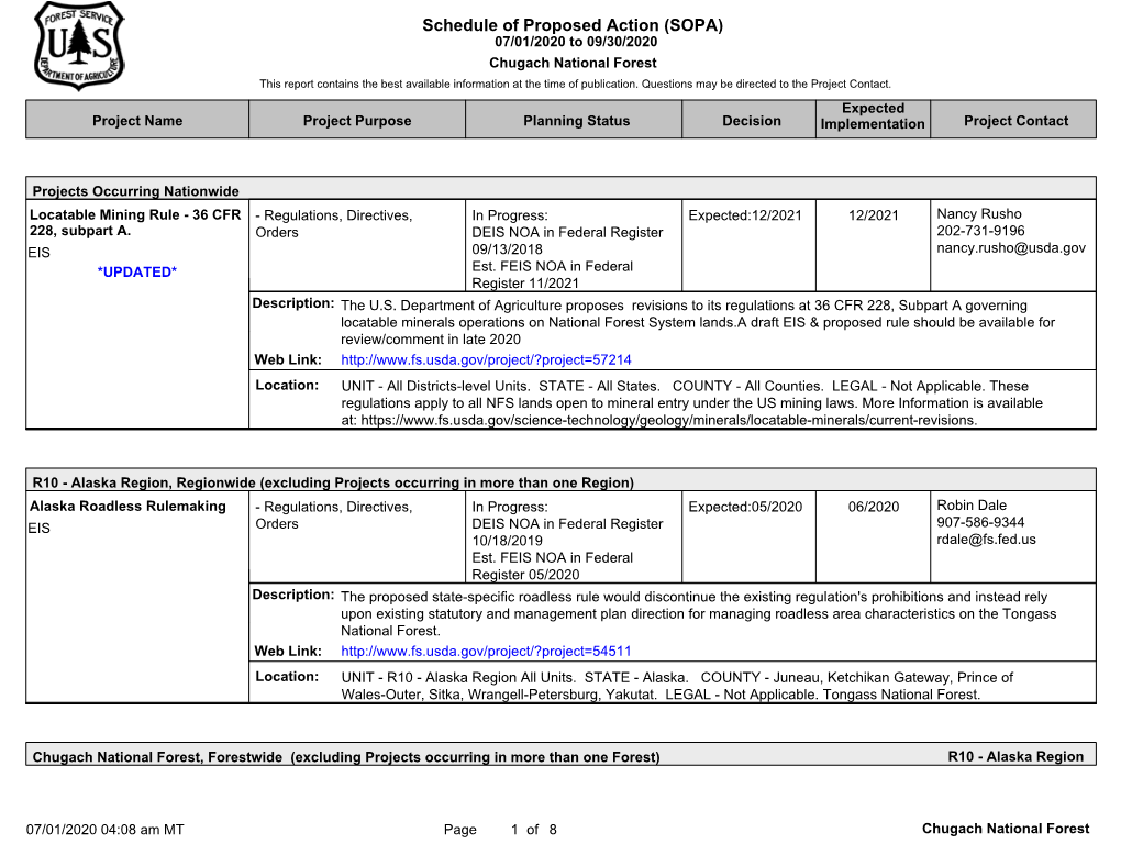 Schedule of Proposed Action (SOPA) 07/01/2020 to 09/30/2020 Chugach National Forest This Report Contains the Best Available Information at the Time of Publication