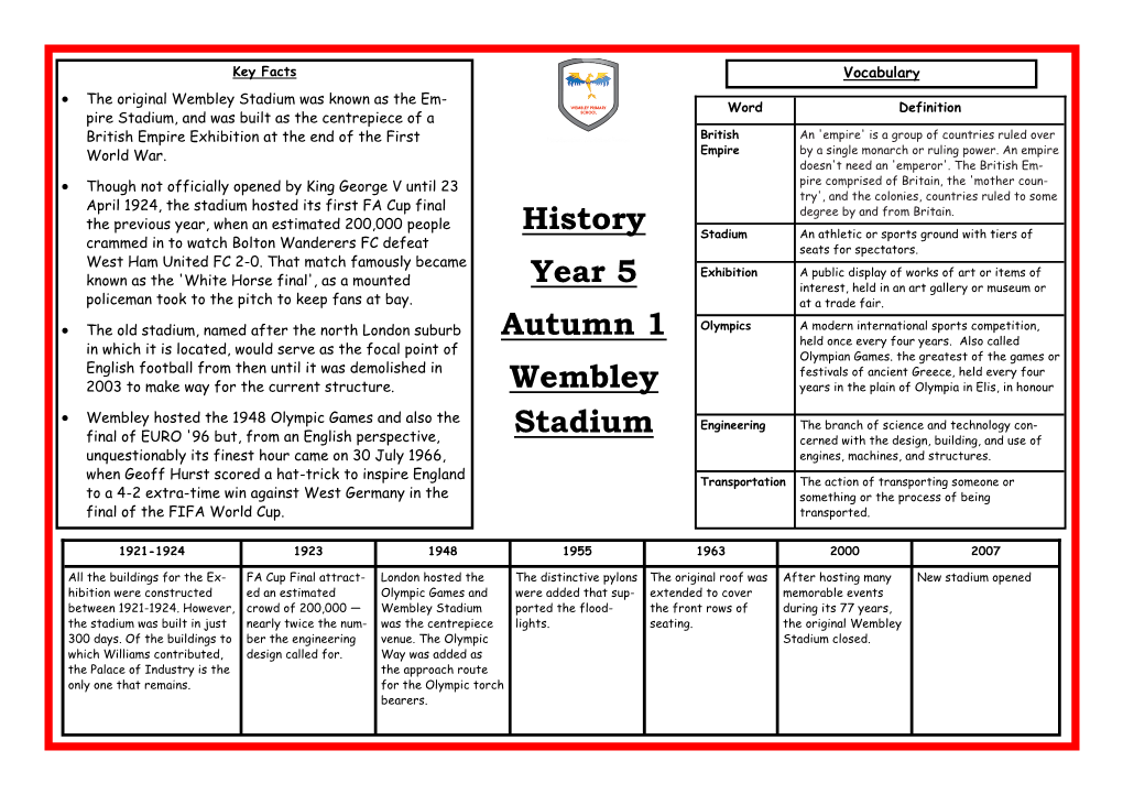 History Year 5 Autumn 1 Wembley Stadium