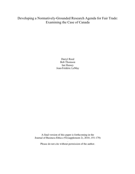 Developing a Normatively-Grounded Research Agenda for Fair Trade: Examining the Case of Canada