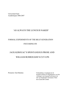 „As Always the Lunch Is Naked‟ Jack Kerouac‟S