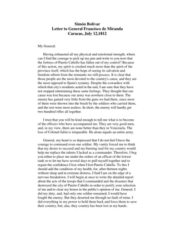 Simón Bolívar Letter to General Francisco De Miranda Caracas, July 12,1812