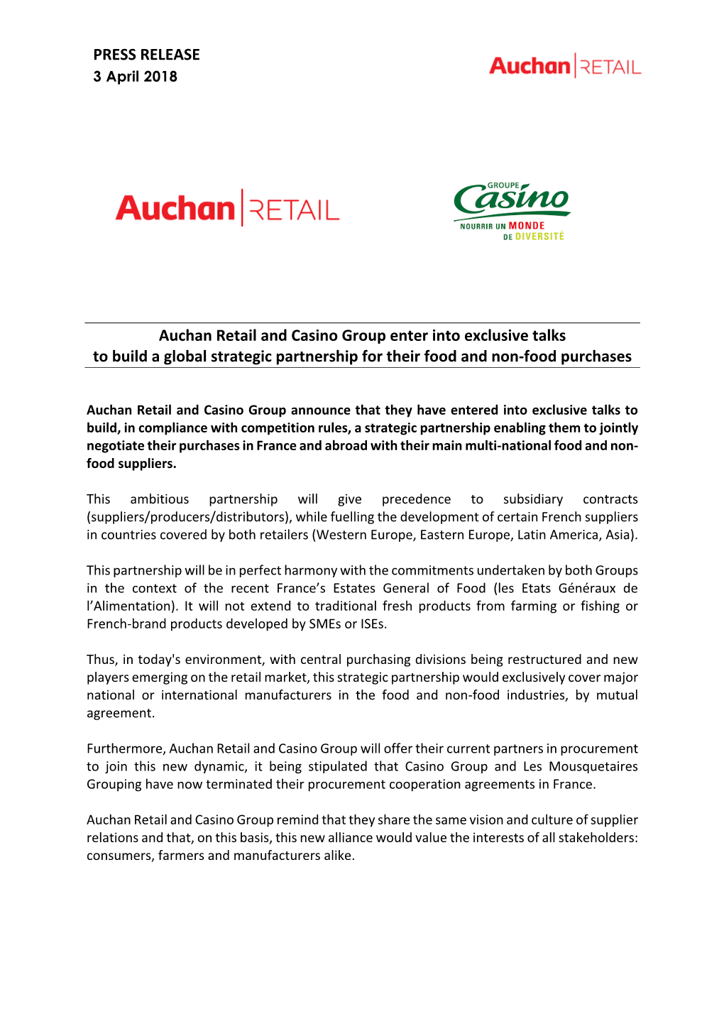 PRESS RELEASE Auchan Retail and Casino Group Enter Into Exclusive