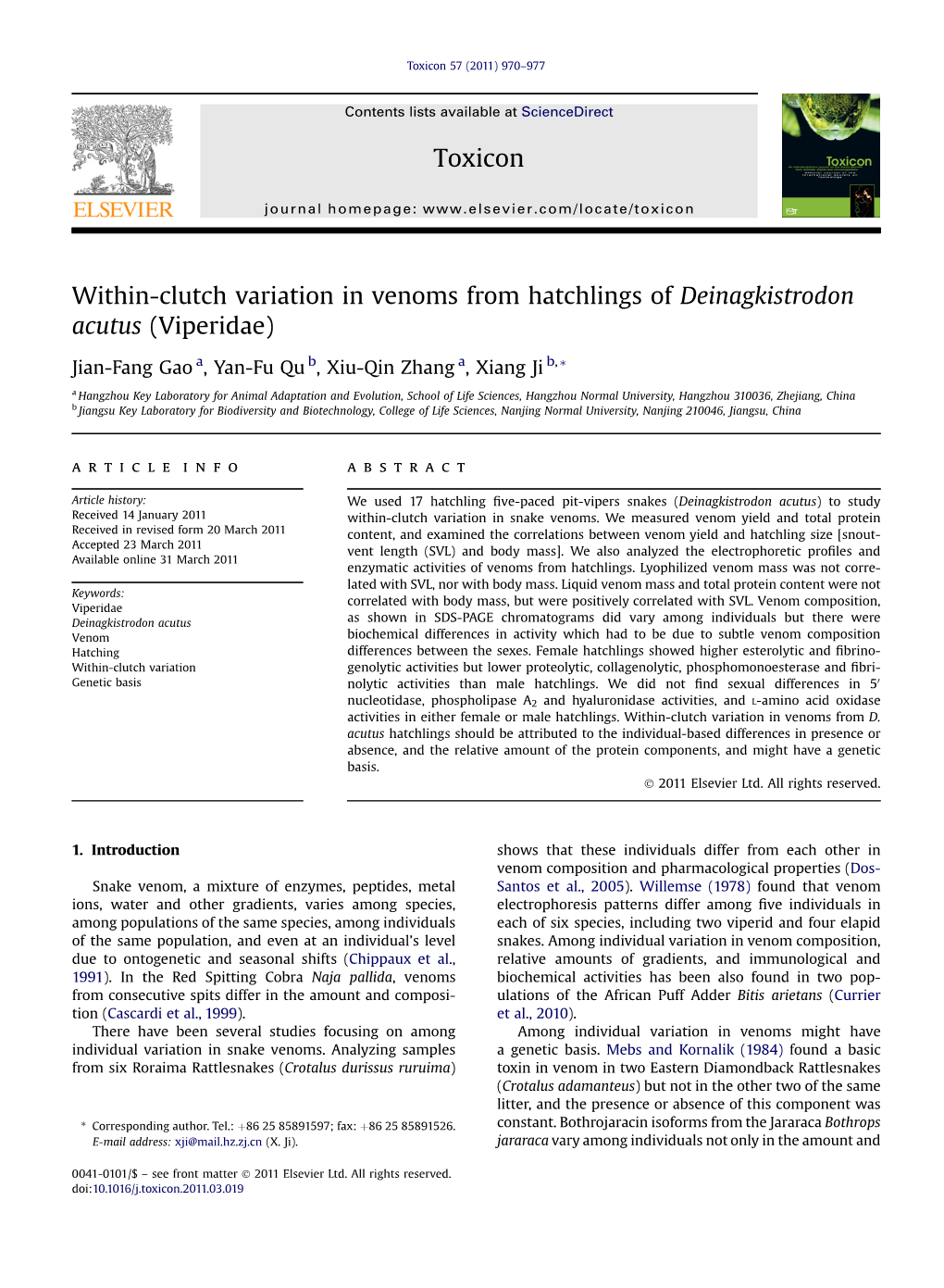 Within-Clutch Variation in Venoms from Hatchlings of Deinagkistrodon Acutus (Viperidae)